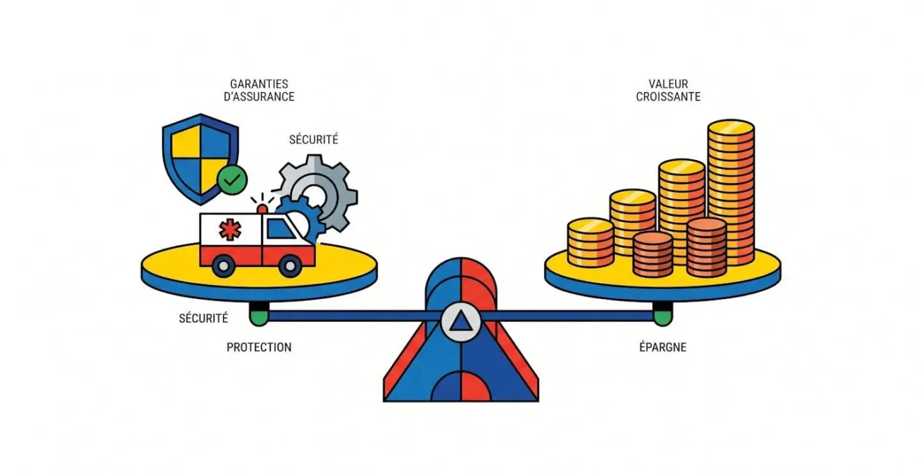 Balance équilibrée entre les icônes de garanties d'assurance et des pièces de monnaie, symbole du rapport garanties-prix.