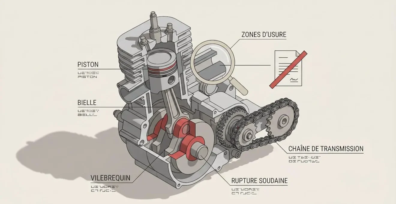 Schéma 3D d'un moteur de moto cross avec des zones d'exclusion de garantie mises en évidence.
